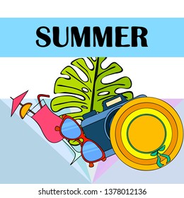 Summer postcard design. Sunglasses, camera, cocktail, leaf of a tropical plant, hat. Vector background