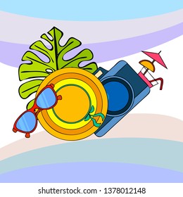 Summer postcard design. Sunglasses, camera, cocktail, leaf of a tropical plant, hat. Vector background