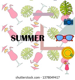 Summer postcard design. Sunglasses, camera, cocktail, leaf of a tropical plant, hat. Vector background