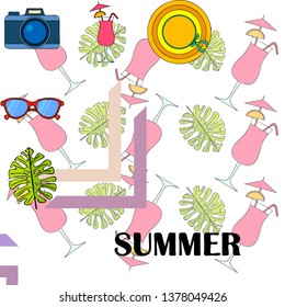 Summer postcard design. Sunglasses, camera, cocktail, leaf of a tropical plant, hat. Vector background