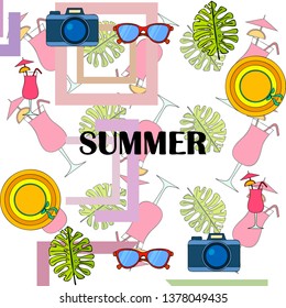 Summer postcard design. Sunglasses, camera, cocktail, leaf of a tropical plant, hat. Vector background