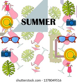 Summer postcard design. Sunglasses, camera, cocktail, leaf of a tropical plant, hat. Vector background