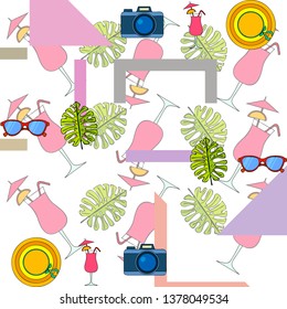 Summer postcard design. Sunglasses, camera, cocktail, leaf of a tropical plant, hat. Vector background