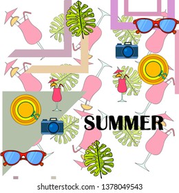 Summer postcard design. Sunglasses, camera, cocktail, leaf of a tropical plant, hat. Vector background