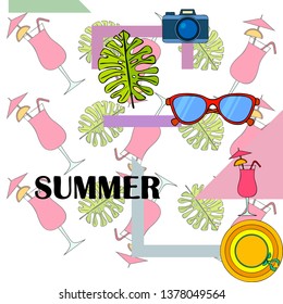 Summer postcard design. Sunglasses, camera, cocktail, leaf of a tropical plant, hat. Vector background