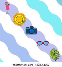 Summer postcard design. Sunglasses, camera, cocktail, leaf of a tropical plant, hat. Vector background