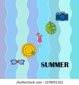 Summer postcard design. Sunglasses, camera, cocktail, leaf of a tropical plant, hat. Vector background