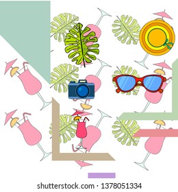 Summer postcard design. Sunglasses, camera, cocktail, leaf of a tropical plant, hat. Vector background