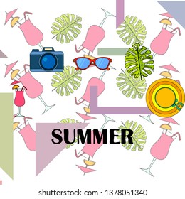 Summer postcard design. Sunglasses, camera, cocktail, leaf of a tropical plant, hat. Vector background