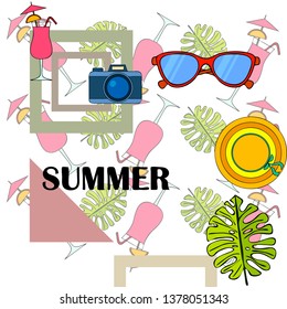 Summer postcard design. Sunglasses, camera, cocktail, leaf of a tropical plant, hat. Vector background