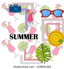 Summer postcard design. Sunglasses, camera, cocktail, leaf of a tropical plant, hat. Vector background