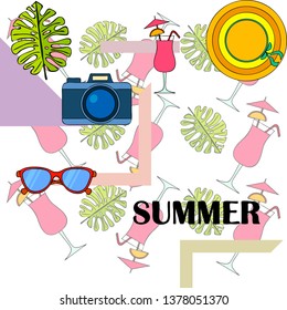 Summer postcard design. Sunglasses, camera, cocktail, leaf of a tropical plant, hat. Vector background