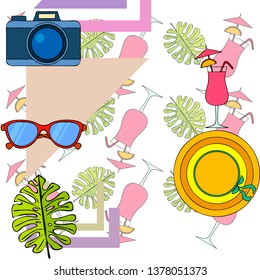 Summer postcard design. Sunglasses, camera, cocktail, leaf of a tropical plant, hat. Vector background