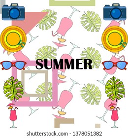 Summer postcard design. Sunglasses, camera, cocktail, leaf of a tropical plant, hat. Vector background