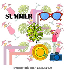 Summer postcard design. Sunglasses, camera, cocktail, leaf of a tropical plant, hat. Vector background
