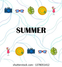 Summer postcard design. Sunglasses, camera, cocktail, leaf of a tropical plant, hat. Vector background