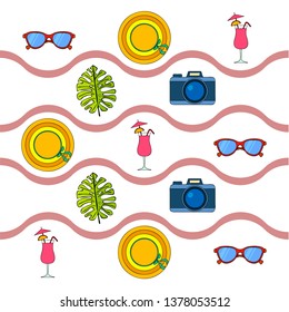 Summer postcard design. Sunglasses, camera, cocktail, leaf of a tropical plant, hat. Vector background