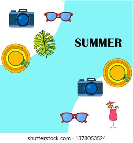 Summer postcard design. Sunglasses, camera, cocktail, leaf of a tropical plant, hat. Vector background