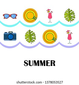 Summer postcard design. Sunglasses, camera, cocktail, leaf of a tropical plant, hat. Vector background