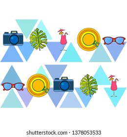 Summer postcard design. Sunglasses, camera, cocktail, leaf of a tropical plant, hat. Vector background