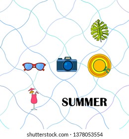 Summer postcard design. Sunglasses, camera, cocktail, leaf of a tropical plant, hat. Vector background