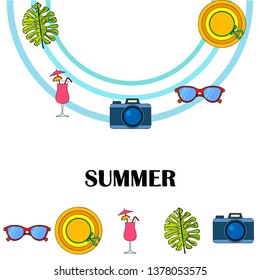 Summer postcard design. Sunglasses, camera, cocktail, leaf of a tropical plant, hat. Vector background