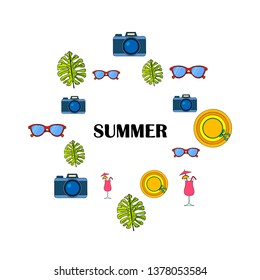 Summer postcard design. Sunglasses, camera, cocktail, leaf of a tropical plant, hat. Vector background