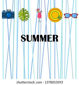 Summer postcard design. Sunglasses, camera, cocktail, leaf of a tropical plant, hat. Vector background