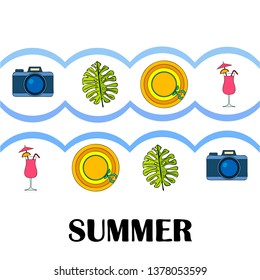 Summer postcard design. Sunglasses, camera, cocktail, leaf of a tropical plant, hat. Vector background