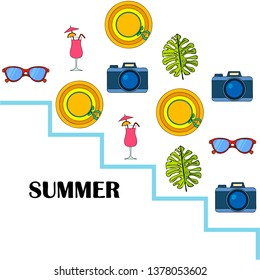 Summer postcard design. Sunglasses, camera, cocktail, leaf of a tropical plant, hat. Vector background