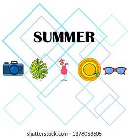 Summer postcard design. Sunglasses, camera, cocktail, leaf of a tropical plant, hat. Vector background