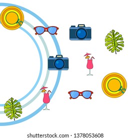 Summer postcard design. Sunglasses, camera, cocktail, leaf of a tropical plant, hat. Vector background