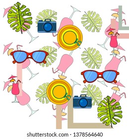 Summer postcard design. Sunglasses, camera, cocktail, leaf of a tropical plant, hat. Vector background