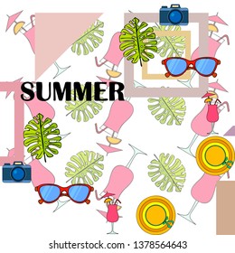 Summer postcard design. Sunglasses, camera, cocktail, leaf of a tropical plant, hat. Vector background