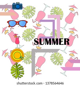 Summer postcard design. Sunglasses, camera, cocktail, leaf of a tropical plant, hat. Vector background
