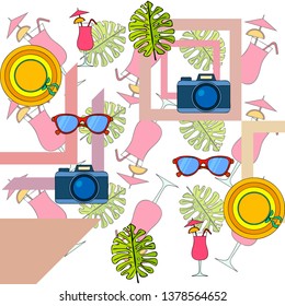 Summer postcard design. Sunglasses, camera, cocktail, leaf of a tropical plant, hat. Vector background
