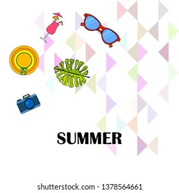 Summer postcard design. Sunglasses, camera, cocktail, leaf of a tropical plant, hat. Vector background