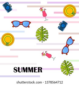 Summer postcard design. Sunglasses, camera, cocktail, leaf of a tropical plant, hat. Vector background