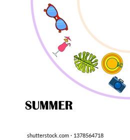 Summer postcard design. Sunglasses, camera, cocktail, leaf of a tropical plant, hat. Vector background