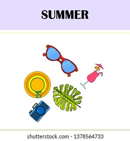 Summer postcard design. Sunglasses, camera, cocktail, leaf of a tropical plant, hat. Vector background
