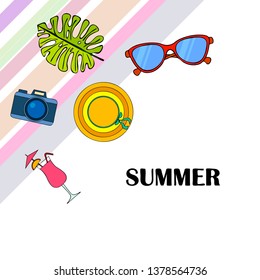 Summer postcard design. Sunglasses, camera, cocktail, leaf of a tropical plant, hat. Vector background