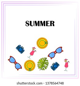 Summer postcard design. Sunglasses, camera, cocktail, leaf of a tropical plant, hat. Vector background