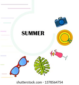 Summer postcard design. Sunglasses, camera, cocktail, leaf of a tropical plant, hat. Vector background