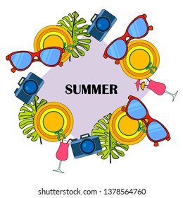 Summer postcard design. Sunglasses, camera, cocktail, leaf of a tropical plant, hat. Vector background