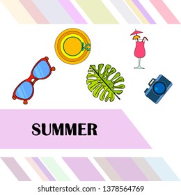 Summer postcard design. Sunglasses, camera, cocktail, leaf of a tropical plant, hat. Vector background