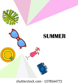 Summer postcard design. Sunglasses, camera, cocktail, leaf of a tropical plant, hat. Vector background