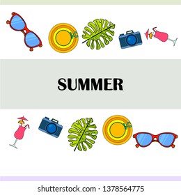 Summer postcard design. Sunglasses, camera, cocktail, leaf of a tropical plant, hat. Vector background