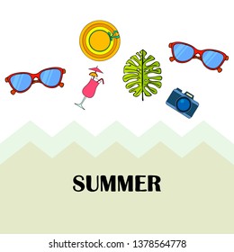 Summer postcard design. Sunglasses, camera, cocktail, leaf of a tropical plant, hat. Vector background