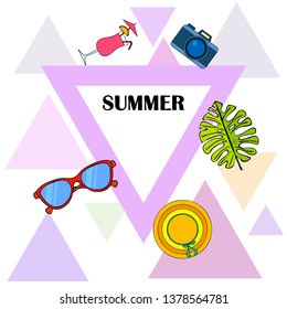 Summer postcard design. Sunglasses, camera, cocktail, leaf of a tropical plant, hat. Vector background