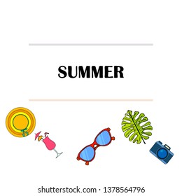 Summer postcard design. Sunglasses, camera, cocktail, leaf of a tropical plant, hat. Vector background